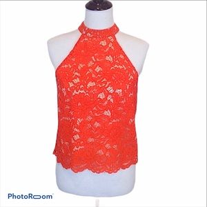 Paris Sunday halter neck lace overlay scallop hem back zip top